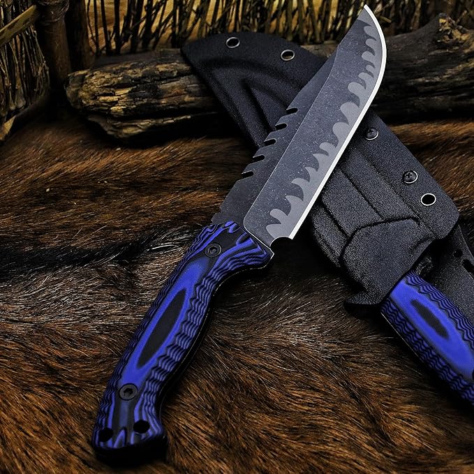 BA-KOR 12.4in Full Tang Fixed Blade Hunting Knife โ 6mm 9CR18MoV Steel, G10 Handle, Stonewashed Sawback Blade with Kydex Sheath & Fire Starter for Outdoor, Camping, Survival (Blue and black stripes)