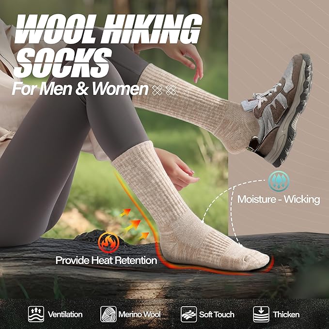 ANTSANG Merino Wool Hiking Socks for Men & Women 5 Pairs Thermal Warm Winter Thick Cushion Moisture Wicking Crew Boot Socks