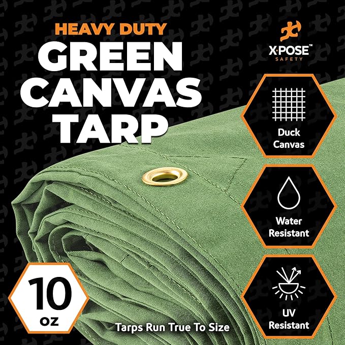 Xpose Safety Canvas Tarp - 10oz Green Canvas Tarps Heavy Duty Water Resistant with Brass Grommets- Multipurpose Outdoor Tarpaulin for Camping, Canopy, Trailer,Equipment Cover 12' x 14'