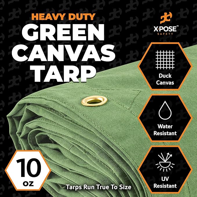 Xpose Safety Canvas Tarp - 10oz Green Canvas Tarps Heavy Duty Water Resistant with Brass Grommets- Multipurpose Outdoor Tarpaulin for Camping, Canopy, Trailer, Equipment Cover 14' x 16'