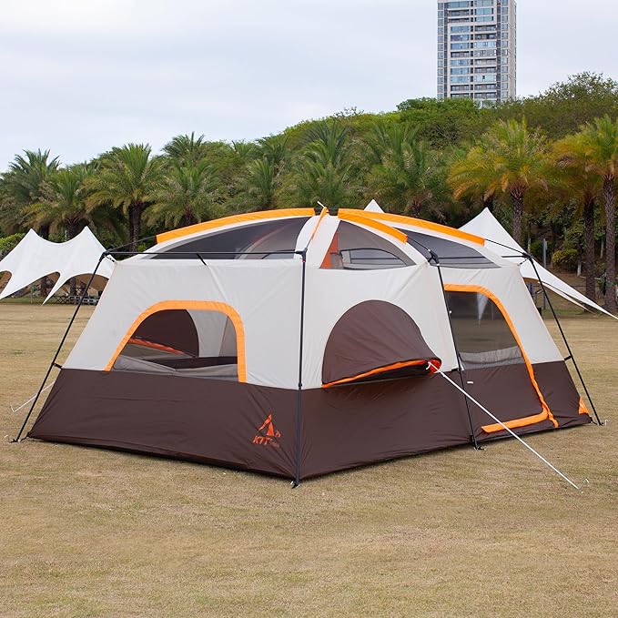 KTT Extra Large Tent 6-10-12-14 Person(A),Family Cabin Tents,2 Rooms,3 Doors and 3 Windows with Mesh,Straight Wall,Waterproof,Double Layer,Big Tent for Outdoor,Picnic,Camping,Family Gathering