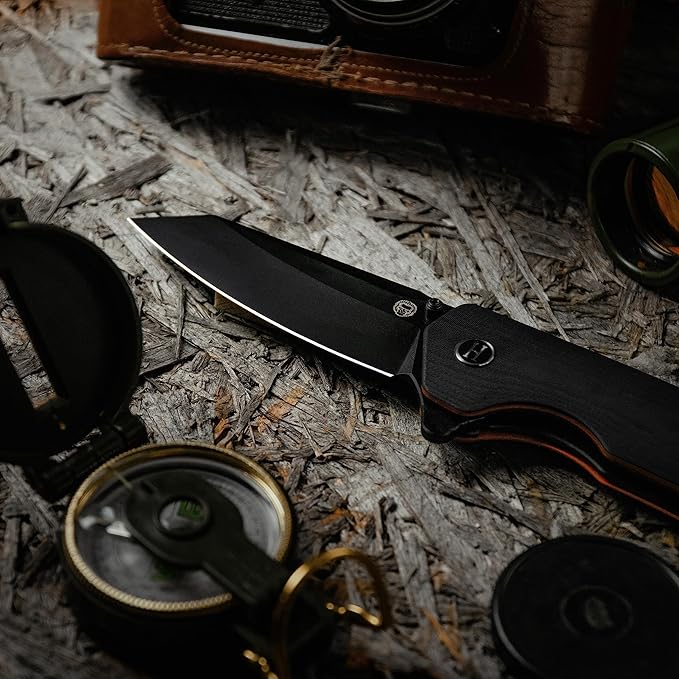 Holtzman's Gorilla Survival - The Clip Point Folding Pocket Knife (Black+Orange) - D2 Steel Blade - Tactical EDC Knife with G10 Handle & Pocket Clip