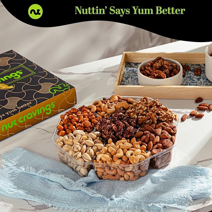 NUT CRAVINGS - Diwali Sweets Hamper Mixed Nuts Gift Basket in Black Gold Box (7 Assortments, 1 LB) Food Arrangement, Healthy Snack Care Package, Food Assortments