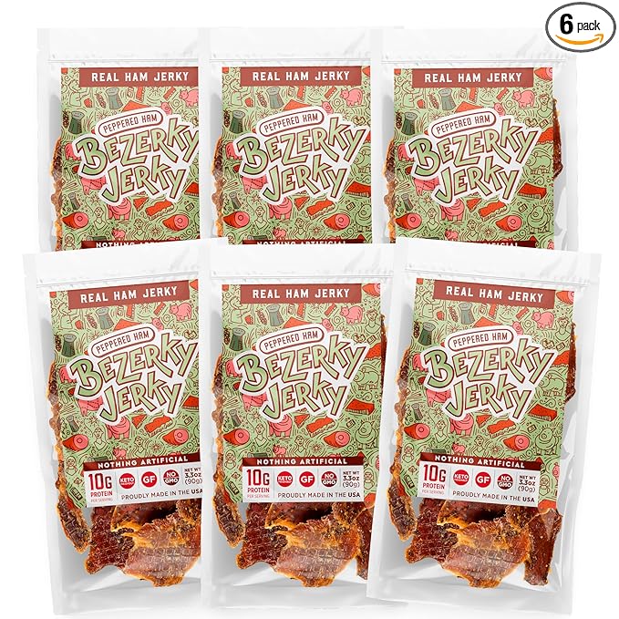 All Natural Real Ham Jerky | Peppered Ham | Small Batch Handcrafted | Old Fashioned | Low Fat High Protein | Gluten-Free | Non-GMO | Small Batch Handcrafted | Healthy Snack | Bezerky Jerky | Pack of 6