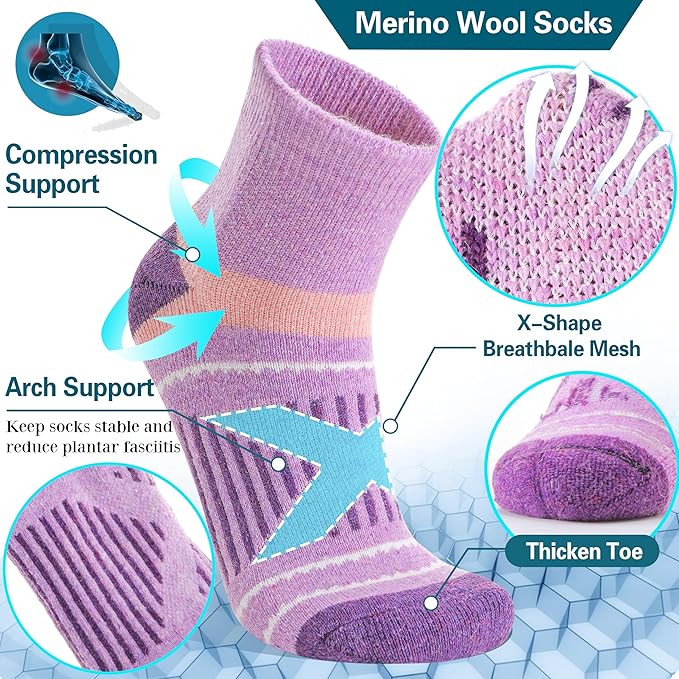 EBMORE 6 Pairs Merino Wool Ankle Hiking Running Socks Compression Support Thick Cushion No Show Socks for Men Women