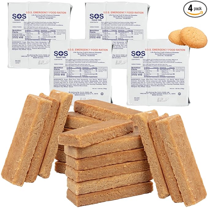 SOS Food Lab Emergency Food Bar - 3600 Calorie Ration (4 Pack Shortbread Cookie) - 3 Day/72 Hour Ready to Eat Supply for Camping, Hiking, Disaster Preparedness - 5 Year Shelf Life Energy Survival Food