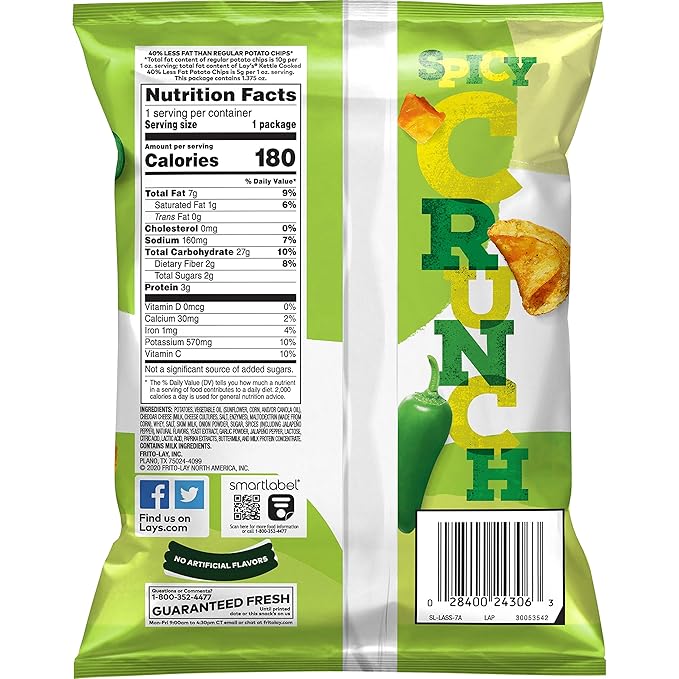 Lay's Kettle Cooked Potato Chips, 40% Less Fat Jalapeño Cheddar, 1.375 Ounce (Pack of 64)