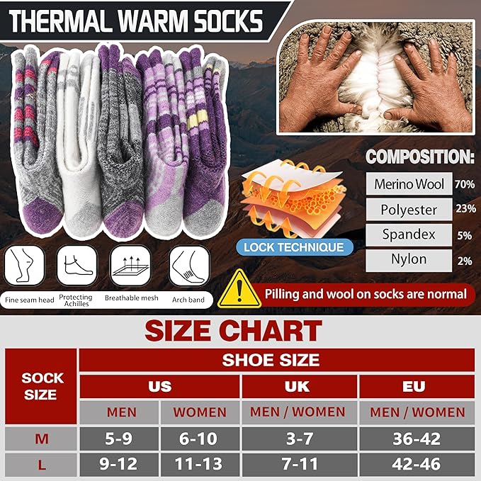 5 Pairs Merino Wool Hiking Socks Thermal Winter Warm Moisture Wicking Cushion Outdoor Socks for Women & Men