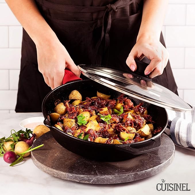 Cuisinel Pre-Seasoned Cast Iron Skillet (10-Inch) with Glass Lid and Handle Cover Oven Safe Cookware - Heat-Resistant Holder - Indoor and Outdoor Use - Grill, Stovetop, Induction Safe