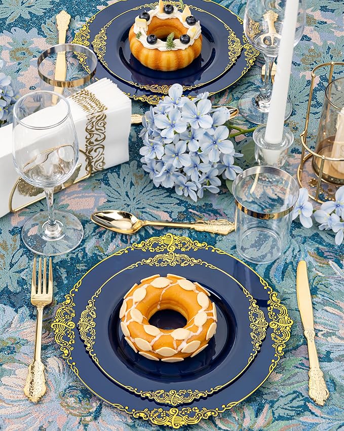 Nervure 175PCS Blue Plastic Plates - Blue Gold Plastic Dinnerware Set Disposable Include 50 Plates for Dinner and Dessert, 25Knives, 25Spoons, 25Forks, 25Cups, 25Napkins for Weddings & 4th of July