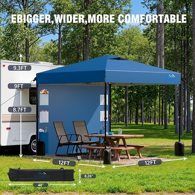 12X12 Pop Up Canopy Tent,Removable Pockets Sidewall for Extra Storage,Easy Up Canopy,Heavy Duty One Person Set Up Event Tent,Blue