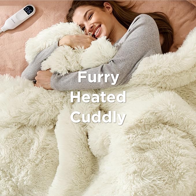 Bedsure Faux Fur Heated Blanket Throw Blanket, Fast Heating Fluffy Electric Blanket, Heated Throw with 4 Time Settings & 6 Heating Settings, Cozy Gifts for Women Men(50x60 inches, Cream)