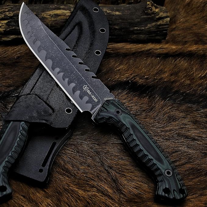 BA-KOR 12.4in Full Tang Fixed Blade Hunting Knife โ 6mm 9CR18MoV Steel, G10 Handle, Stonewashed Sawback Blade with Kydex Sheath & Fire Starter for Outdoor, Camping, Survival (Green and black stripes)