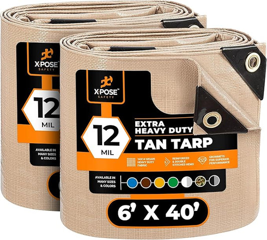 Heavy Duty White Poly Tarp 6' X 40' (2-Pack) - Multipurpose Protective Cover - Durable, Waterproof, Weather Proof, Rip and Tear Resistant - Extra Thick 12 Mil Polyethylene - by Xpose Safety