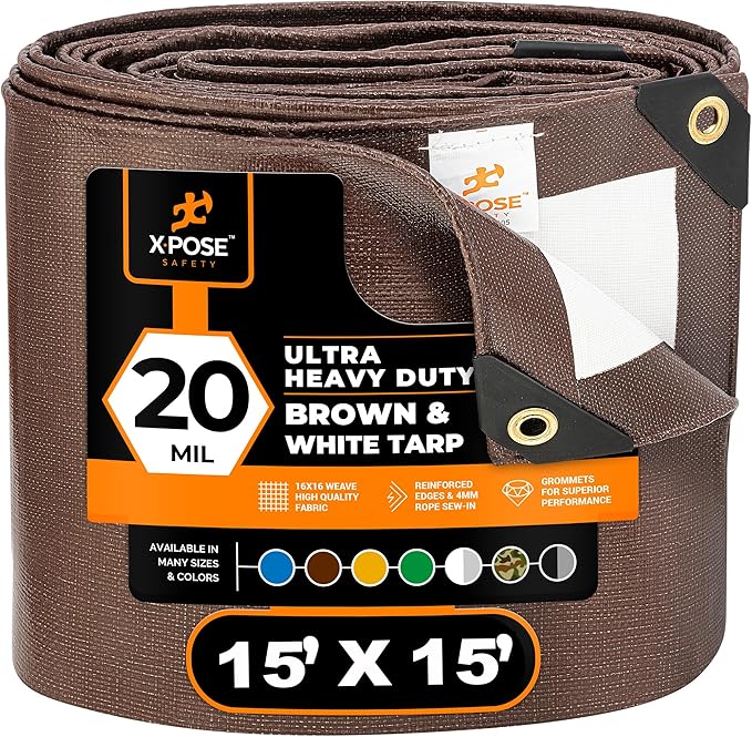 xpose safety 15' x 15' Brown/White Ultra Heavy Duty Tarp - 20 Mil Tarps Heavy Duty Waterproof 15x15 - Extra Large Tarp,Waterproof Tarp Cover Rain Camping,Tent Tarp,UV Protection,Reinforced Corners