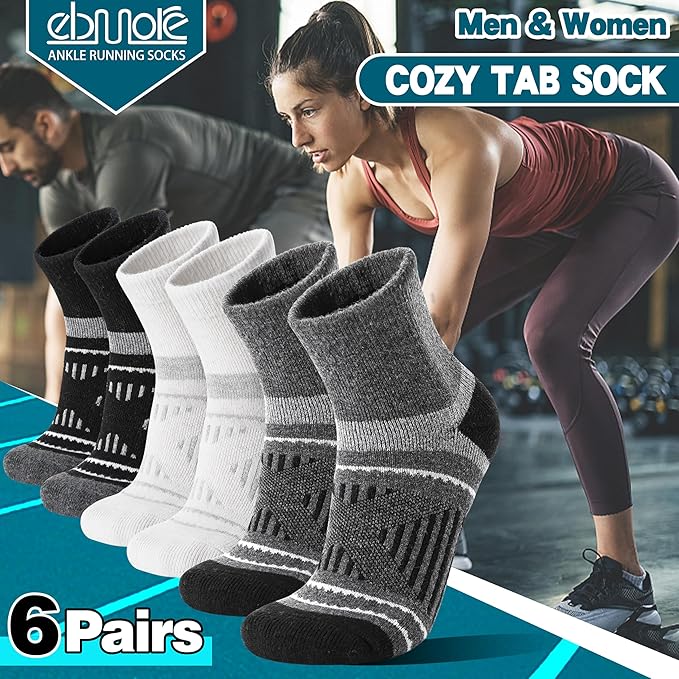 EBMORE 6 Pairs Merino Wool Ankle Hiking Running Socks Compression Support Thick Cushion No Show Socks for Men Women