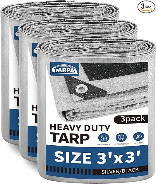 TARPAL 3x3 Feet Tarps Silver 10.5Mil(3-Pack) Multipurpose Protective Cover Heavy Duty Tarp Waterproof,Snow or UV Protection,Durable Reinforced Edges