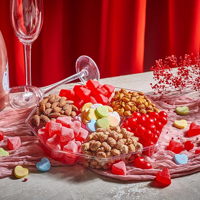 NUT CRAVINGS - Diwali Sweets Hamper Mixed Nuts & Heart Candy Gift Basket in Red Gold Box (7 Assortments, 1 LB) Food Arrangement, Healthy Snack Care Package, Food Assortments