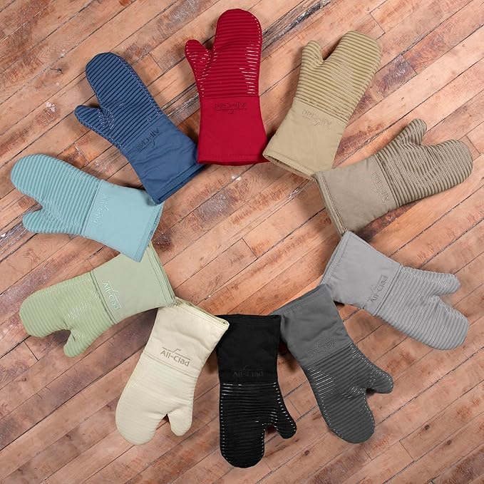 All-Clad Silicone Oven Mitts: Heat Resistant up to 500 Degrees - 100% Cotton & Silicone, 14"x7" Oven Mitt for Kitchen and Barbeque, 2-Pack, Fennel