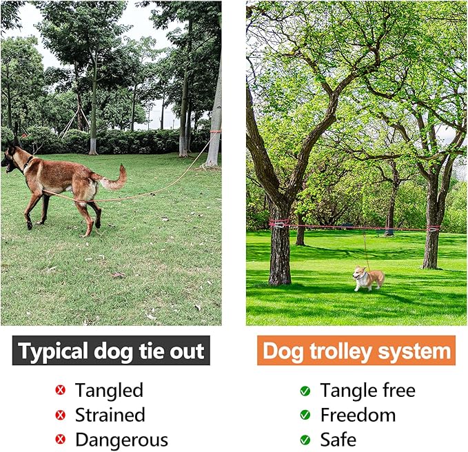 XiaZ Dog Tie Out Cable for Camping, 50ft Portable Overhead Trolley System for Dogs up to 200lbs,Dog Lead for Yard, Camping, Parks, Outdoor Events,5 min Set-up