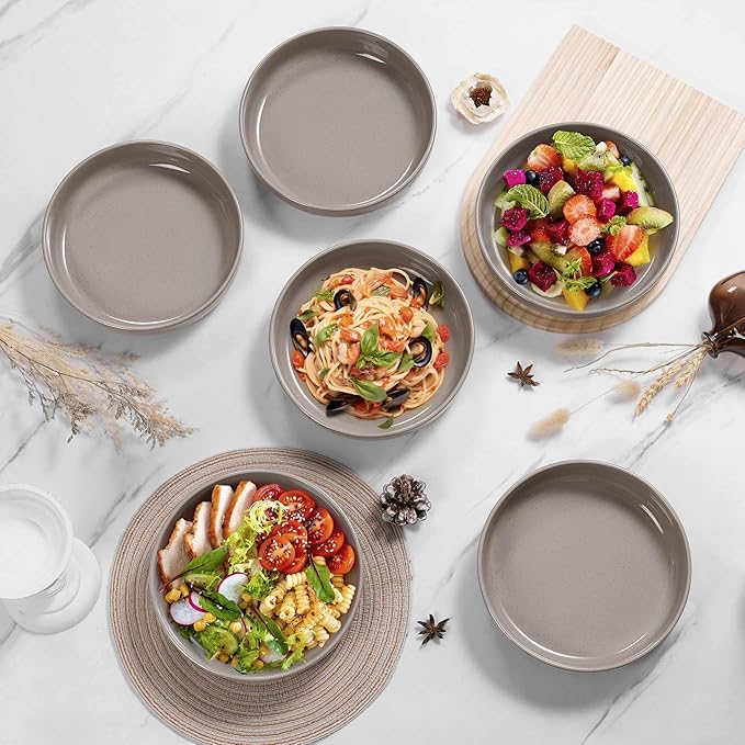 HaWare Pasta Bowls Set of 6, 33oz Large Salad Bowls for Home Kitchen, Ceramic Serving Plates for Soup, Cereal, Scratch-resistant Wide and Shallow Dinner Bowl, Microwave & Dishwasher Safe, Cream Coffee