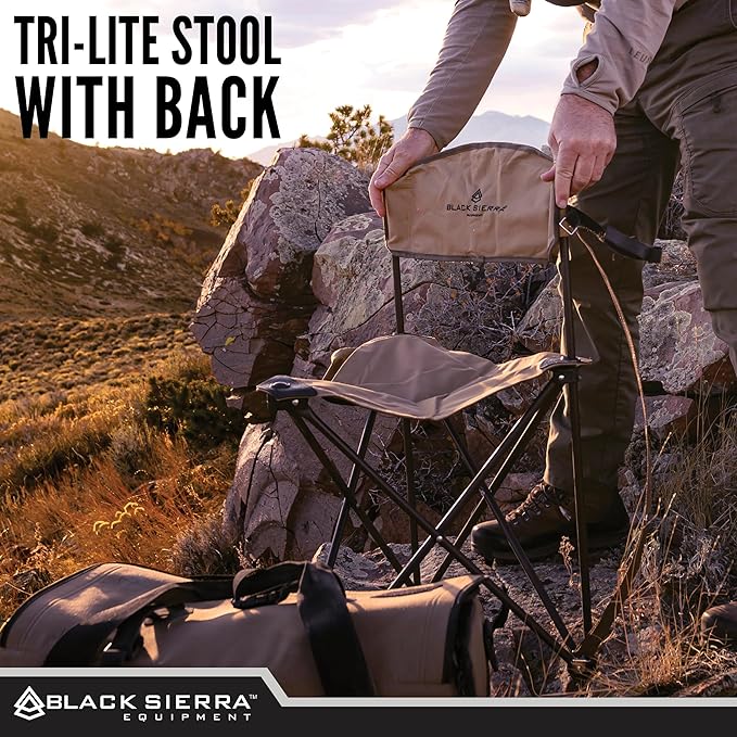 Black Sierra XL Tripod Hunting Stool w/Backrest, Lightweight Portable Fishing Chair w/Cupholder and Carry Strap, Supports 225 Lbs, Portable Outdoor Chair for Hunting, Camping, Travel, Hiking