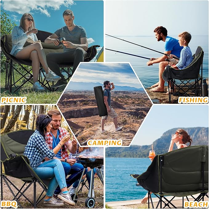 UBALANCE Double Camping Chair - Oversized Two Person Camp Chair with 650 lb. Load Capacity - Army Green - Ideal Camping Gear for Outdoor Adventures