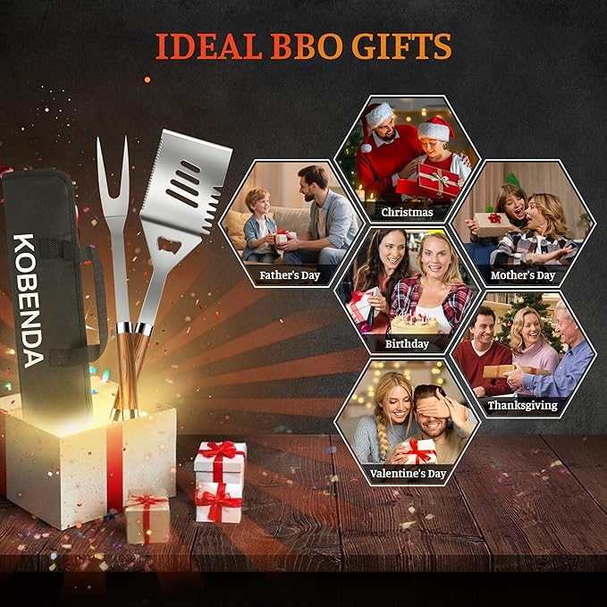 BBQ Grill Tools Set with Storage Bag and Wooden Grain Handles, Spatula, Fork, Cleaning Brush, Complete Barbecue Tool Sets for Outdoor Cooking Camping, Grilling Gifts for Men