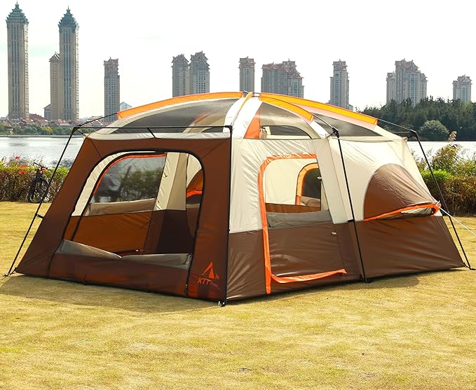 KTT Extra Large Tent 6-10-12-14 Person(A),Family Cabin Tents,2 Rooms,3 Doors and 3 Windows with Mesh,Straight Wall,Waterproof,Double Layer,Big Tent for Outdoor,Picnic,Camping,Family Gathering