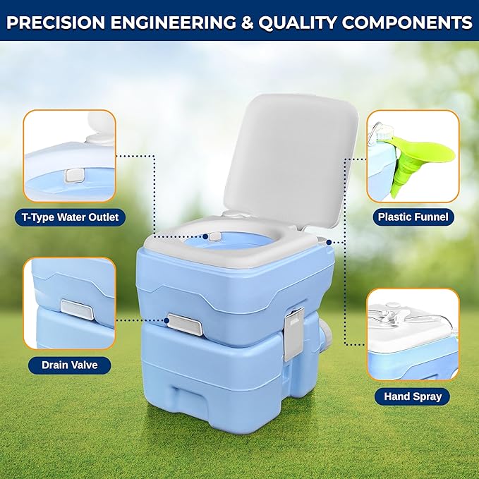 SereneLife 5.2 Gal Portable Toilet for Adults – Leak-Proof Camping Toilet with Detachable Waste Tank, 120+ Flushes, Hand Sprayer, Carry Bag & Plastic Funnel for RV, Tent, Hiking, Travel & Home Use