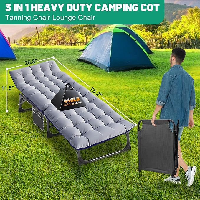 Slsy Folding Camping Cot for Adults with Pad, Padded Portable Sleeping Cots, Camp Bed with Carry Bag for Outdoor Travel, Beach, Hiking