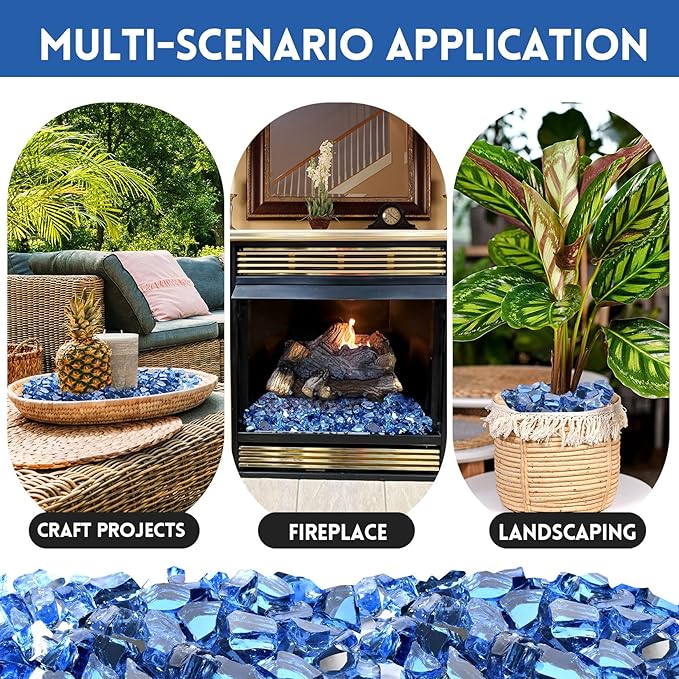 10 Pounds Fire Glass 1/2 Inch High Reflective Tempered Firepit Glass Rocks for Fireplace, Fire Pit Table, Fire Bowl and Landscaping (Pacific Blue)
