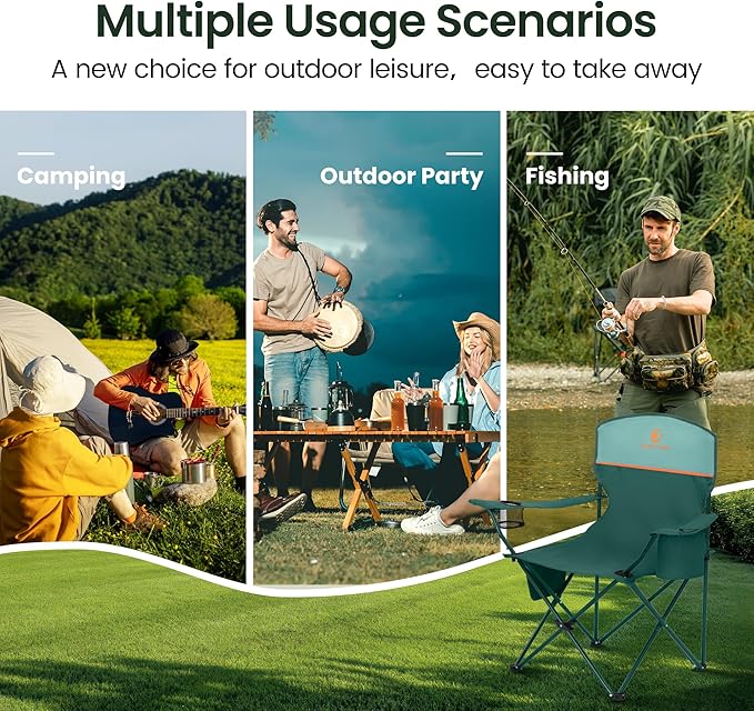 HIGH POINT SPORTS 2 Pack Portable Camping Chair for Adults, Folding Outdoor Camp Chair Lightweight Lawn Chairs Folding Collapsible Chair for Camping, Tailgates, Beach, Green, Support 225lbs