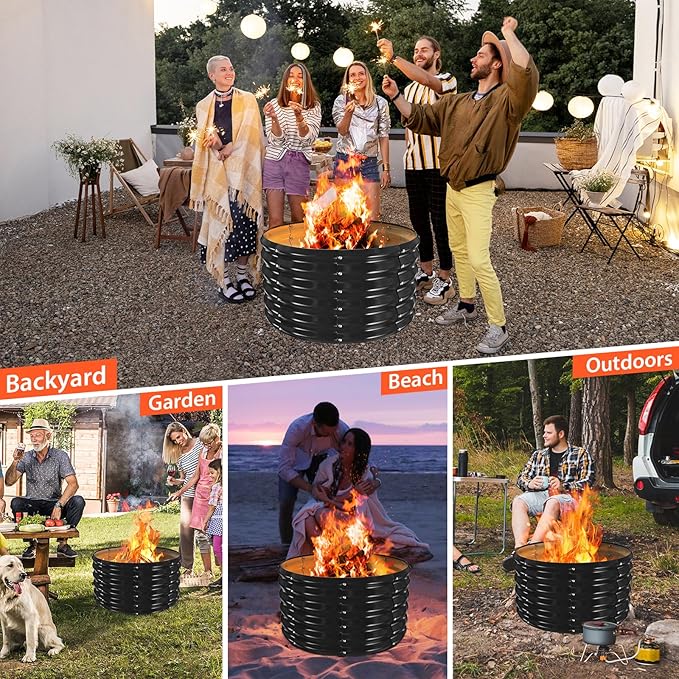 32 Inch Round Galvanized Fire Pit Ring/Fire Ring - Foldable and Perfect for Outdoor Gatherings and Campfires in The Yard/Garden/Park/Beach (Black+Gray, 2.7 FT Diameter+1.5 FT Tall)