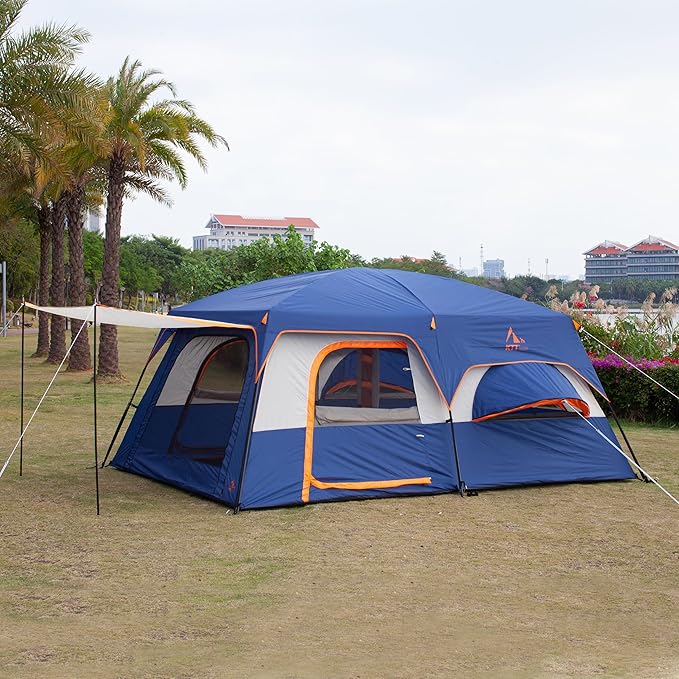 KTT Extra Large Tent 6-10-12-14 Person(A),Family Cabin Tents,2 Rooms,3 Doors and 3 Windows with Mesh,Straight Wall,Waterproof,Double Layer,Big Tent for Outdoor,Picnic,Camping,Family Gathering