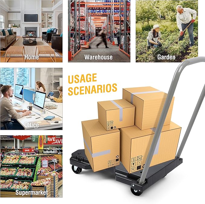 Olympia Tools Fully Folded Resin Push Cart Dolly - 330 Lb. Loading Capacity Foldable Moving Platform Cart Hand Truck - Black Collapsible Heavy Duty Folding & Rolling Flatbed Cart with 4 Swivel Wheels