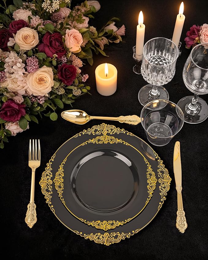 Nervure 100PCS Black Gold Plastic Plates - 7.5 inch Black Plastic Plates with Gold Rim - Disposable Dessert Plates for Wedding & Independence Day & Halloween