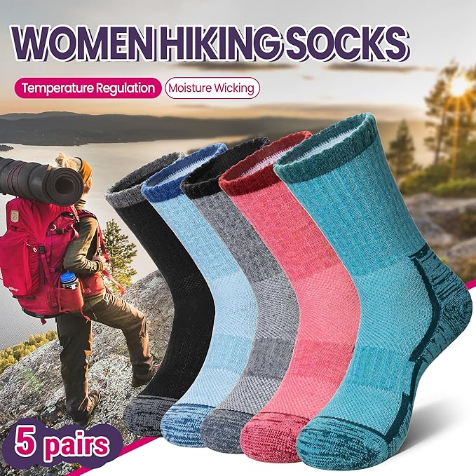 DoSmart Merino Wool Hiking Socks for Women Thermal Winter Warm Moisture Wicking Boot Work Cushion Gift Socks 5 Pairs