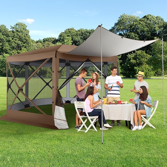 COBIZI 12x12 Pop up Gazebo Screen House Tent for Camping, Outdoor Canopy with Removable Roof&Mosquito Netting, Portable Hub with Carrying Bag and Ground Stakes, Brown