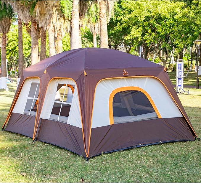 KTT Extra Large Tent 6-10-12-14 Person(A),Family Cabin Tents,2 Rooms,3 Doors and 3 Windows with Mesh,Straight Wall,Waterproof,Double Layer,Big Tent for Outdoor,Picnic,Camping,Family Gathering