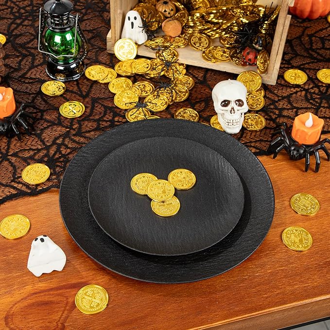 WONDERFUL 32pcs Black Plates Black Plastic Plates Halloween Plates Unbreakable and Reusable Plastic Plate Dishwasher safe Dishes Set Includes:16 Dinner 10" & 16 Dessert Plate 7.3" Suitable for Camping
