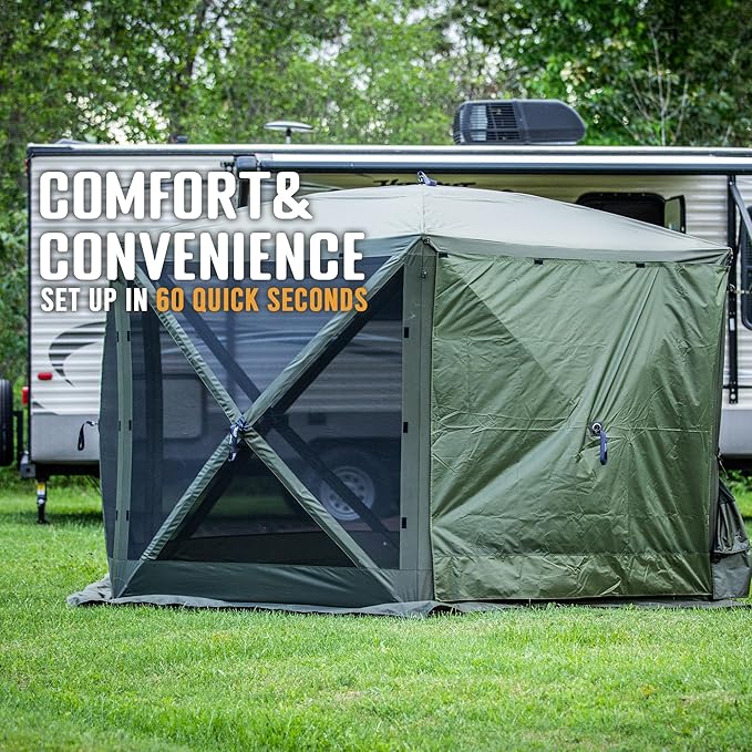 CLAM Pop Up Screen Tent, Outdoor Camping Gazebo Canopy, Escape, 11.5', Green - Heavy-Duty Portable Screened Shelter with Netting for Beach, Patio, and Backyard
