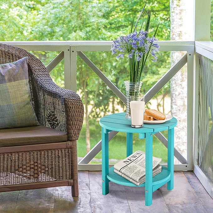 LZRS Round Adirondack Side Table Double End Table, Outdoor Side Tables for Patio, Backyard,Pool, Indoor Companion, Easy Maintenance & Weather Resistant(Turquoise)
