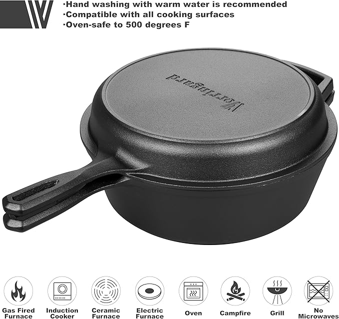 Pre-seasoned Cast Iron Double Dutch Oven Pot with Skillet Lid, for Bread Baking, Outdoor, Campfire Cooking, 3 Quart