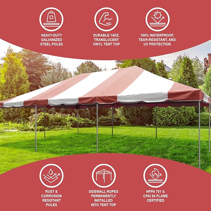 Party Tents Direct 20'x40' Weekender West Coast Tent Frame Party Tent (Red/White) PVC Top with Storage Bag - Tents for Parties, Weddings, Birthdays, Banquets, Fiestas, Workshop, Outdoor Event