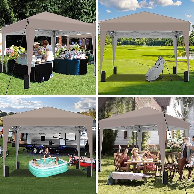 SANWAY 10x10 Pop Up Canopy Tent, One-Button Easy Setup, Outdoor Sun Shade for Events, Camping, Parties, Beach Tent - Silver White (Beige, 10'x10')