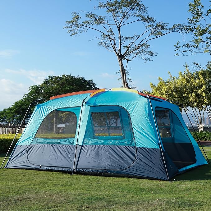 KTT Extra Large Tent 12 Person(A),Awning Family Cabin Tents,2 Rooms,3 Doors and 3 Windows with Mesh,Straight Wall,Waterproof,Double Layer,Big Tent for Outdoor,Picnic,Camping,Family Gathering。