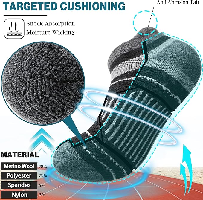 EBMORE 6 Pairs Merino Wool Ankle Hiking Running Socks Compression Support Thick Cushion No Show Socks for Men Women