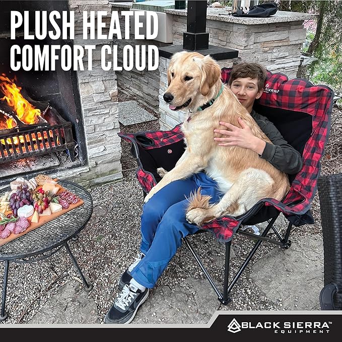 Black Sierra Heated Camping Chair for Adults, Oversized Outdoor Seat with Plush Padding, Supports 400lbs, Cup Holders and Carry Bag, Heavy Duty Folding Chair for Tailgating, Patio, or Sideline Comfort