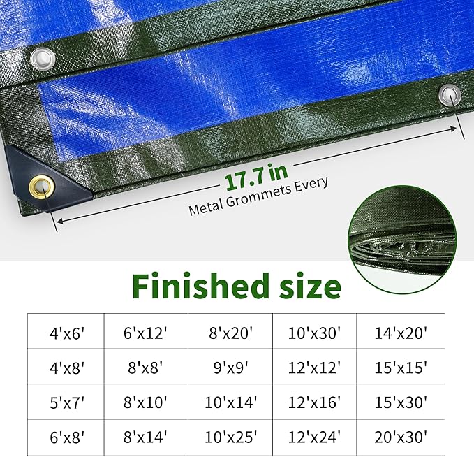 TARPAL 15x15 Tarp Heavy Duty Waterproof Tarp 16mil Thick Tarps with Metal Grommets Every 17.7" UV Protection&Tear -Resistant Cover for Firewood,Roof,Pool,Car,RV&Outdoor Furniture(Green/Blue)